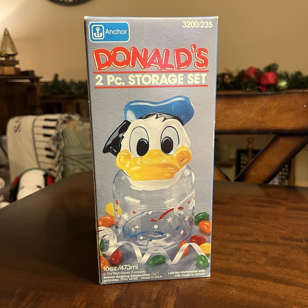 Vintage Disney Donald's Glass Anchor Hocking Adorable Storables Jar, RARE! NOS